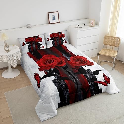 Miniatura 3 de Juego de edredón de rosas rojas, tamaño Queen, relleno de edredón negro y blanco degradado para adultos, juego de ropa de cama vintage de acuarela,