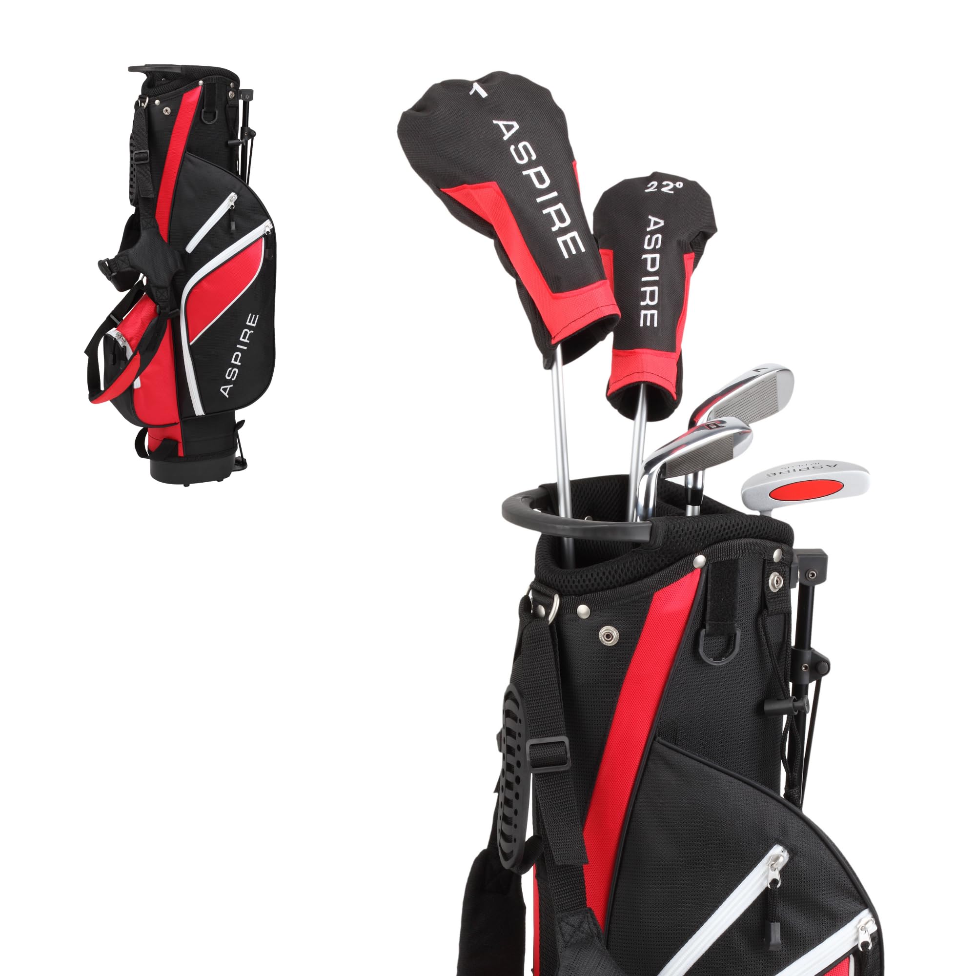 Aspire Junior Plus Kids Golf Clubs – Boys’ & Girls’ Right-Handed Golf Set with Lightweight Stand Bag, Graphite Shafts & Aircraft-Grade Aluminum Clubs