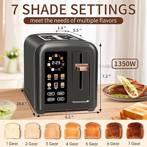 Vista 2 de SEEDEEM Toaster 2 Slice, Touch Control Stainless Toaster LCD Display, 50% Faster Heating Speed, 1.4'' Wide Slots, More Timer Functions, Removable