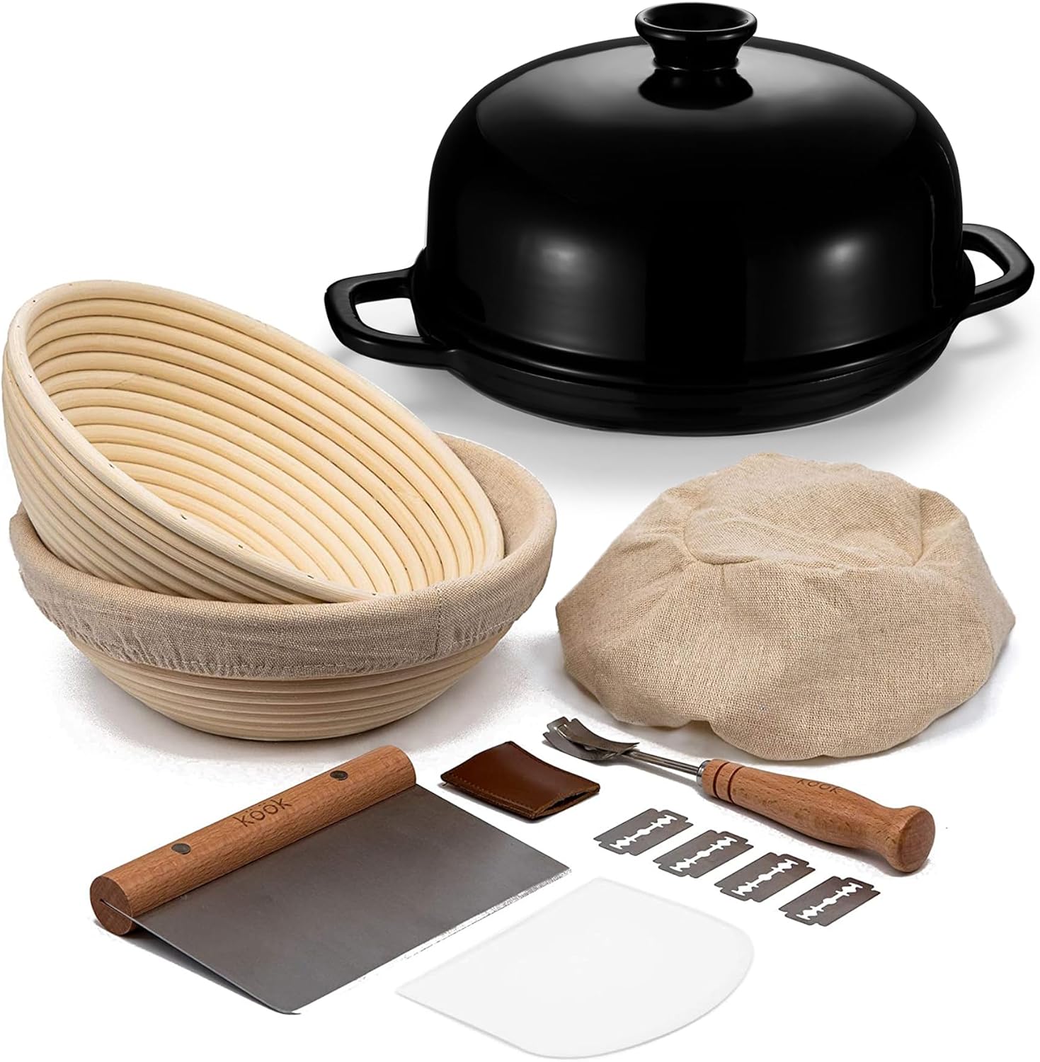 Kook Bread Baking Set – Sourdough Kit with 2 Banneton Proofing Baskets, Dough Tools, and Cast Iron Bread Oven with Ceramic Lid – Ideal for Baking Artisan Bread at Home