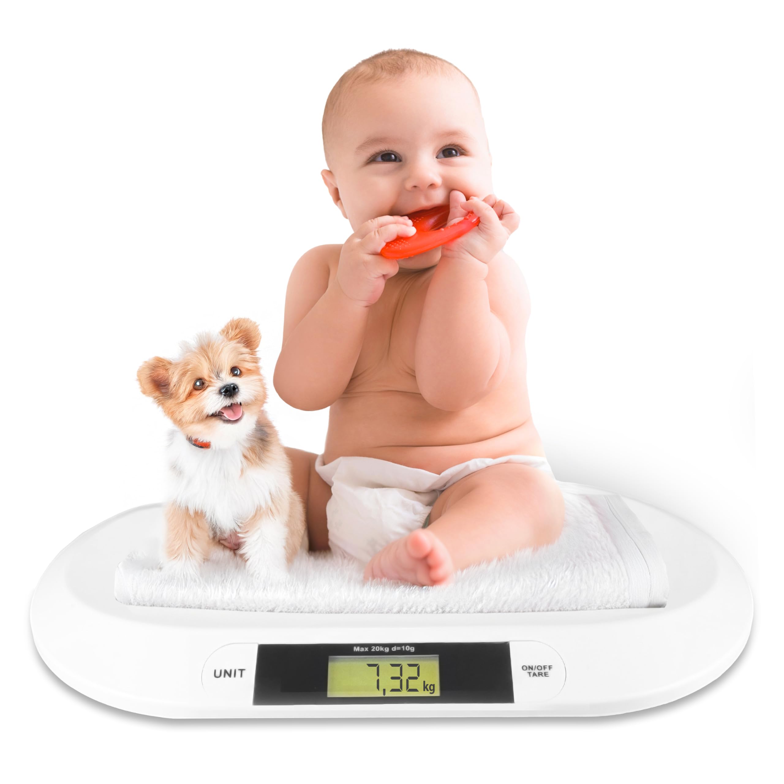 Silvergear® Bilancia digitale per Bambini | Fino a 20 kg | Bilancia Digitale per Neonati | Indicatore LED | Controllo del peso dalla Nascita | Bilancia per Animali | 54,5 x 31,5 x 3,5 cm | Bianco
