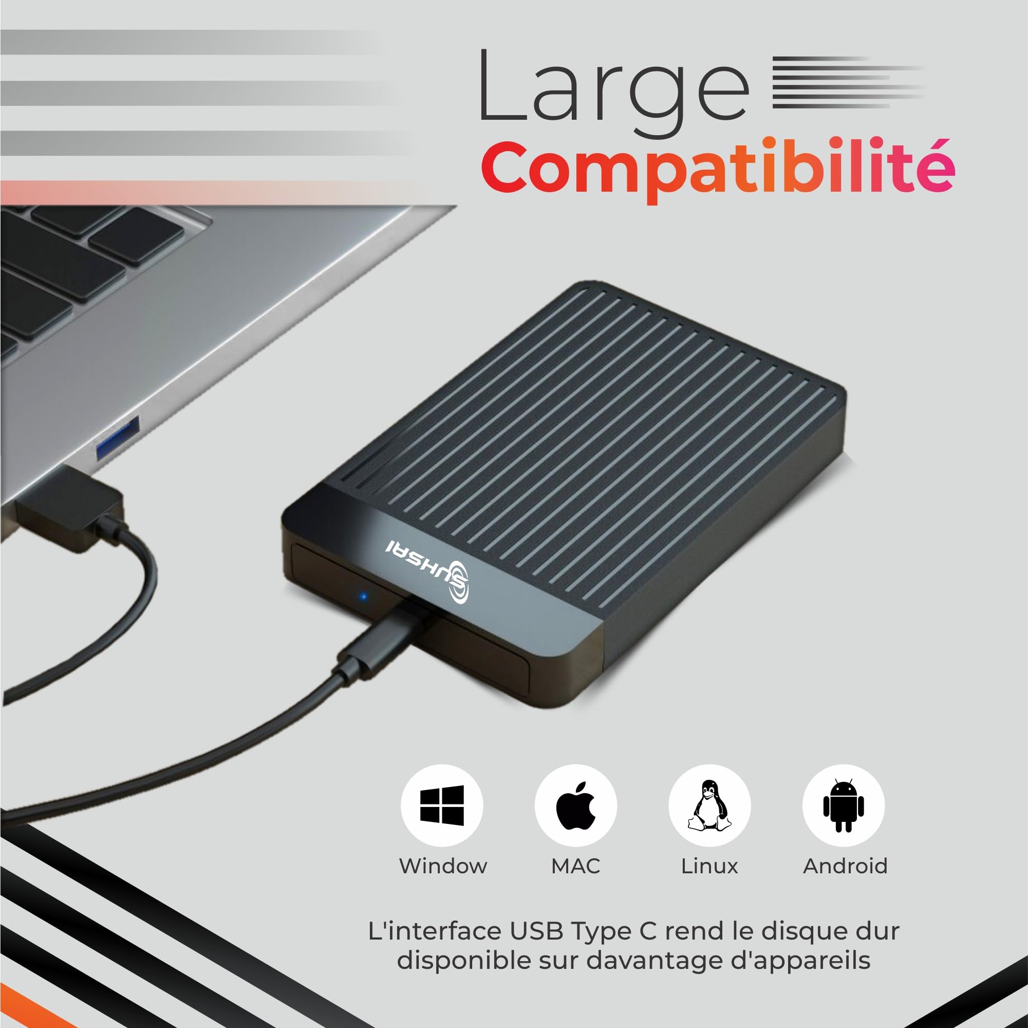 SUHSAI Disque Dur Externe Portable 1 to, 2,5 Pouces, USB-C pour PC - Noir | Disque dur de sauvegarde ultra-fin compatible avec MacBook, ordinateur portable, ordinateur de bureau et Chromebook