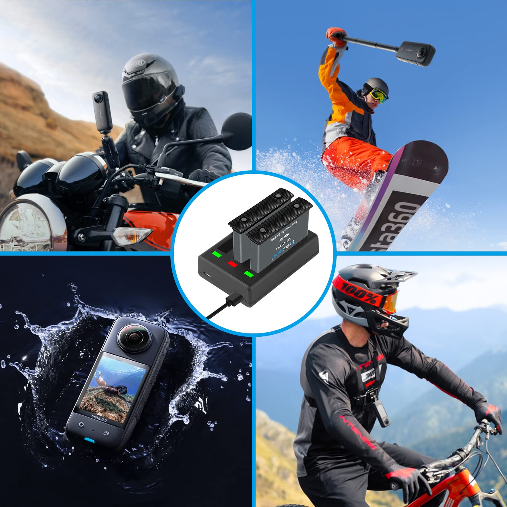 COOLSHOW Action Camera X3 Batteria 1800mAh 2 pezzi e X3 Caricabatterie Triplo con Type-C e Micro USB di ricarica Compatibile con X3 fotocamera (Sostituzione della X3 Batteria)