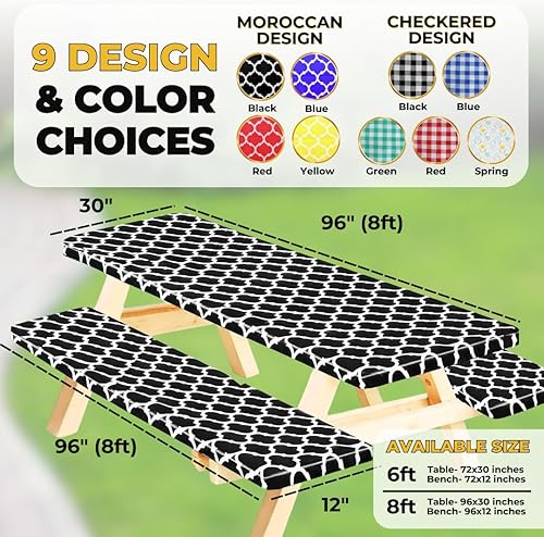 Miniatura 10 de RNOONY Mantel de vinilo ajustable para mesa de picnic con fundas de banco y bolsa, mantel de picnic impermeable para exteriores de 8 pies con bordes