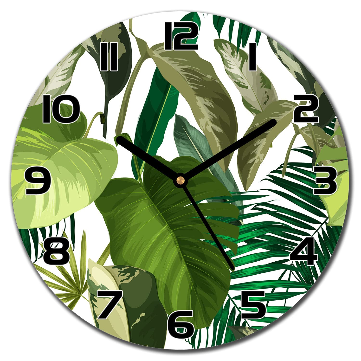 Horloge en verre 30 cm de Coloray avec aiguilles noires et motif de feuilles