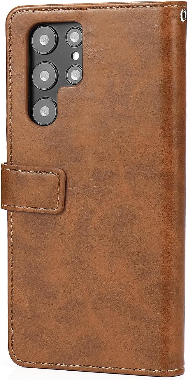 SaharaCase - Genuine Leather Folio Wallet Case for Samsung Galaxy S23 Ultra (2023) [Shockproof Bumper] Rugged Protection Anti-Slip Grip Slim Fit Built in Kickstand (Brown)