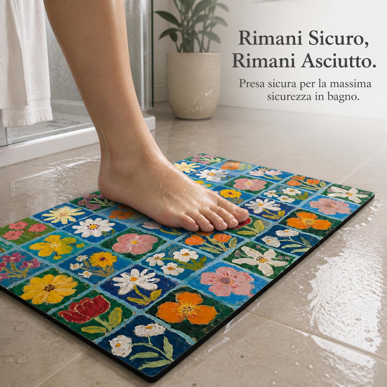 Tappetino da Bagno in atomacea, Fiori B, 80x120cm | Design pittura olio, Tappetino Bagno Composito, Asciugatura piedi rapida, Per famiglie attive