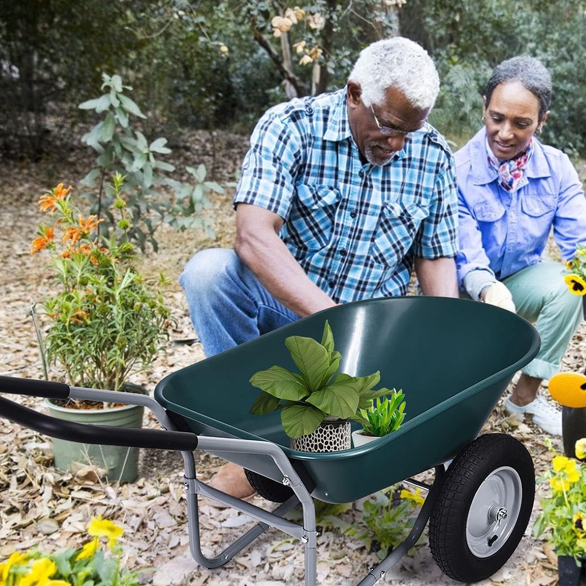 Mayjooy 2 Wheel Garden Wheelbarrow, 330 lbs Capacity Wheelbarrow w/13” Durable Tires, Heavy Duty Utility Wagon for Easy Loading & Dumping, Garden Cart for Gardening Farm Lawn Yard Ranch (Green)