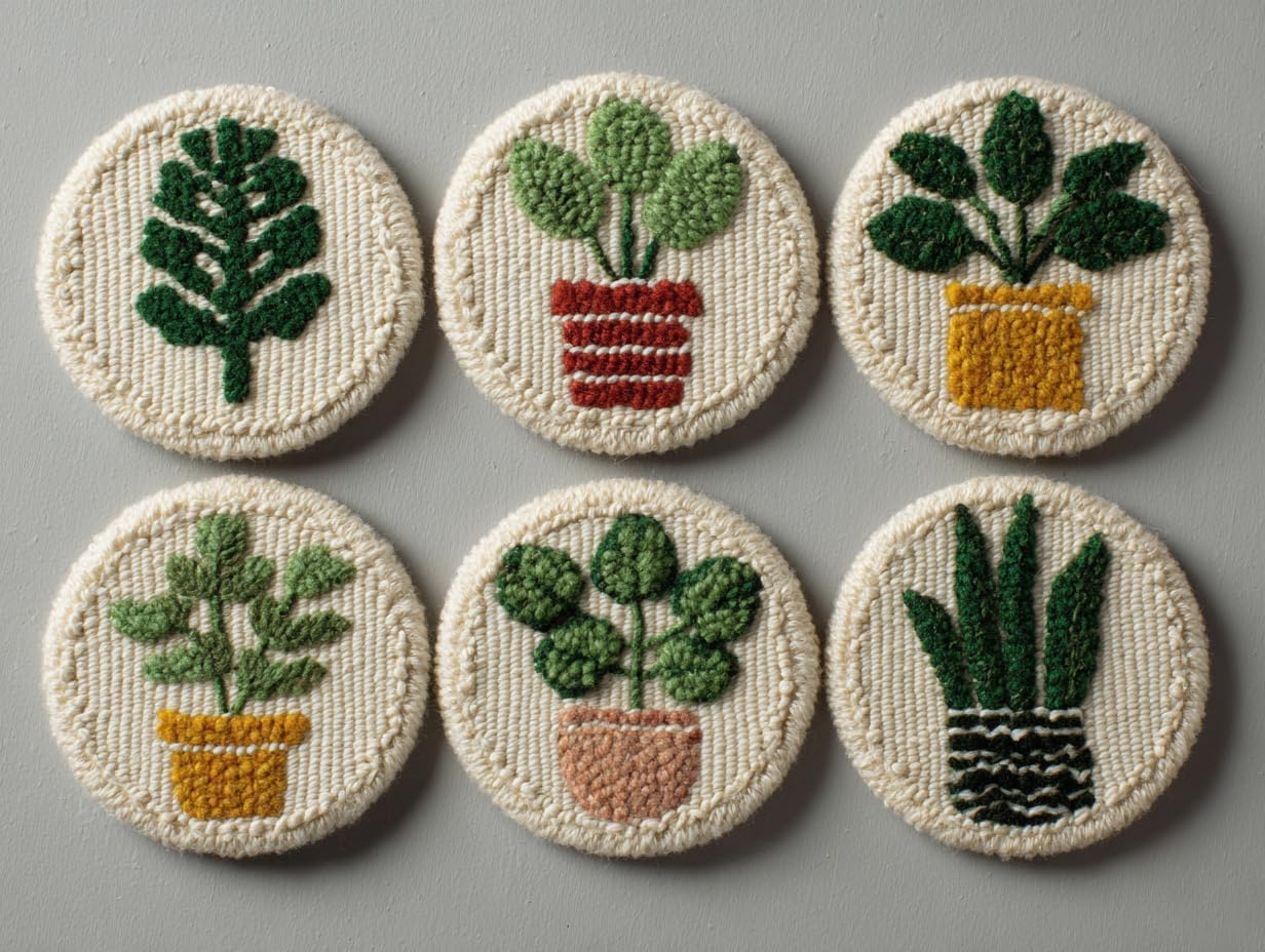 6PCS Punch Needle Coaster Kit Cute Green Plant Pot Easy for Beginners Stress Relief Craft Set with Hoop Yarn & Patterns DIY Embroidery Mug Rug Kit for Adults Kids Home Decor-5