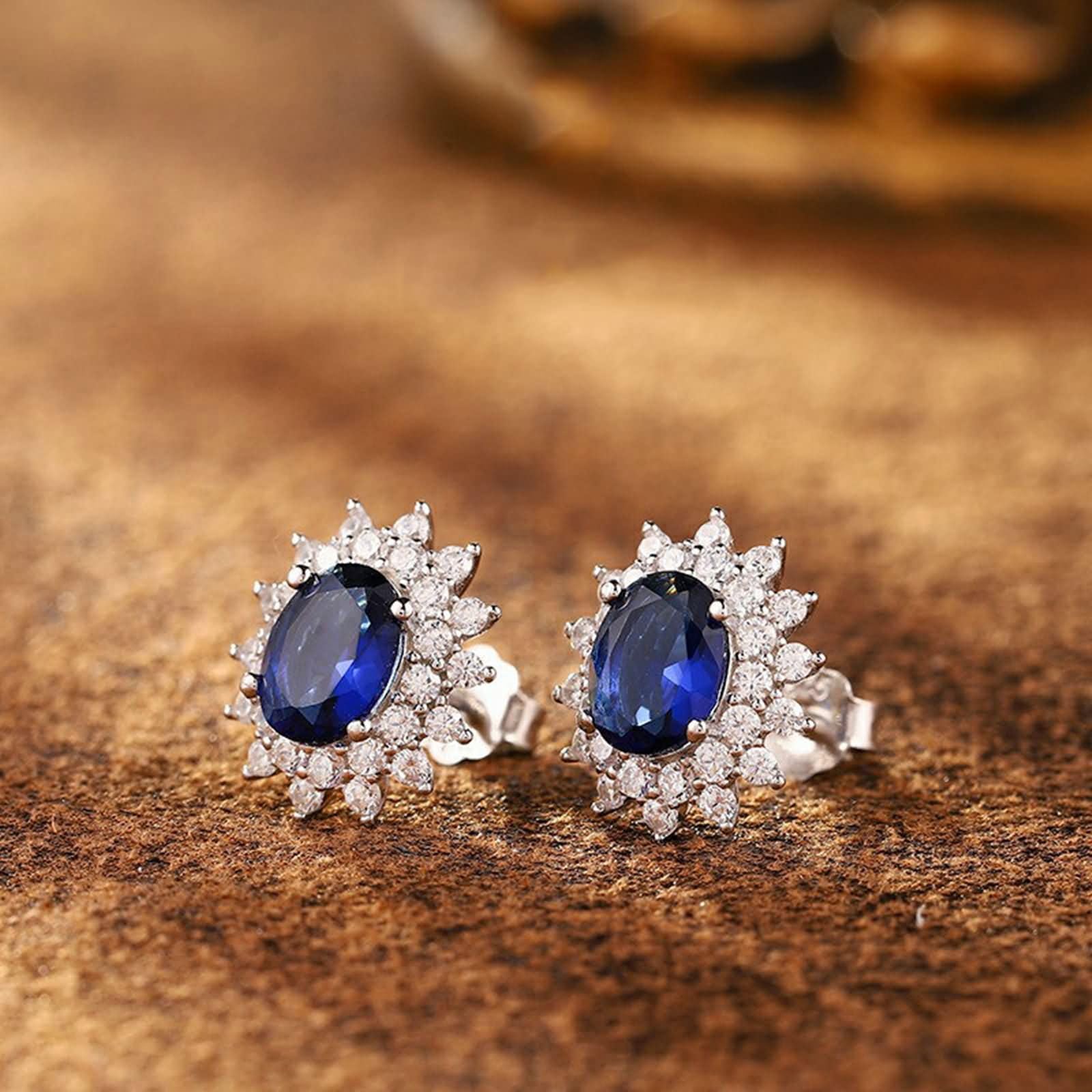 Ohrringe Weißgold 9K / 14K / 18 Karat Damen, Blume mit Oval mit Erstellter Saphir 1,85 Karat und Moissanit, Ohrringe Blau Silber für Hochzeit Frauen