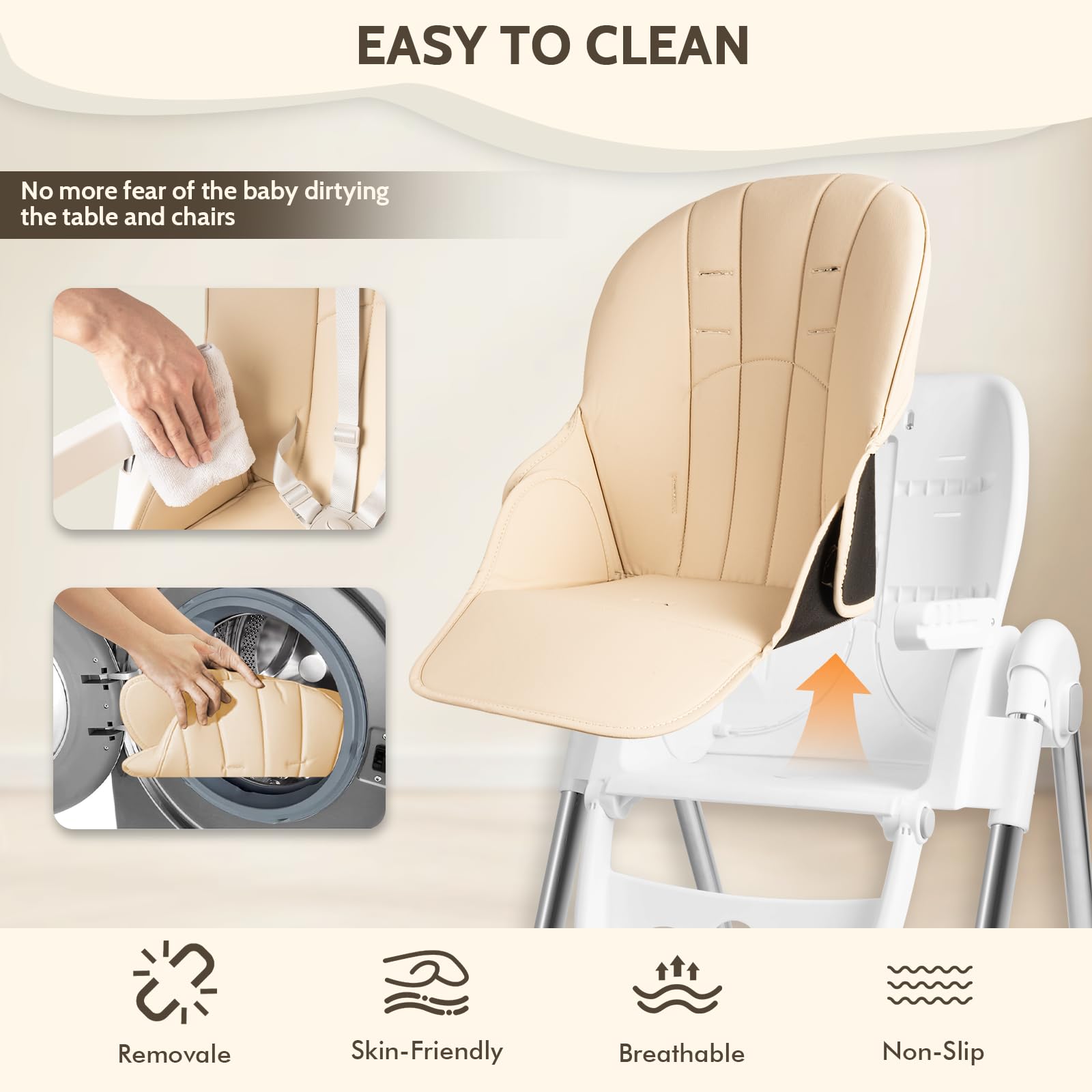 Chaise haute bébé pliante 4en1, 4 Positions d'Inclinaison, Hauteur réglable, Chaise haute enfant avec plateau amovible et roulettes, évolutive avec ceinture à 5 points, Beige