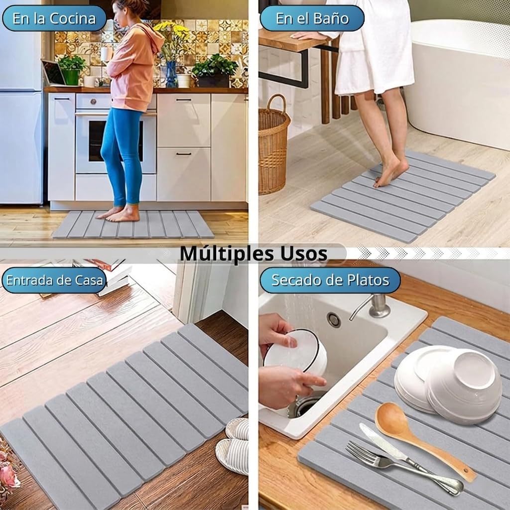 Tapis de douche en diatomite de bain, 60 x 40 cm, pliable, en pierre naturelle Terre de diatomée antidérapante, séchage rapide, ultra absorbant, antibactérien (gris clair)