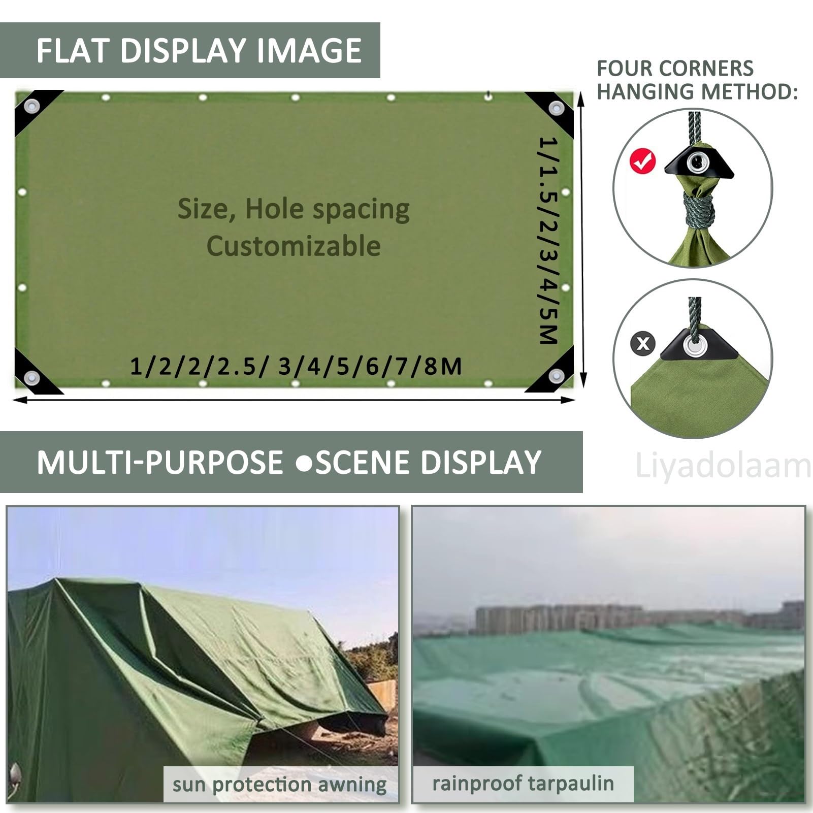 Lona verde de 600 g/m², 1 x 2 m, 1,5 x 2 m, 2 x 2 m, 2 x 3 m, 3 x 4 m, 3 x 6 m, 5 x 6 m, lona resistente con ojales para acampar al aire libre, cubiertas multiusos para muebles de coche y suelo (1,2