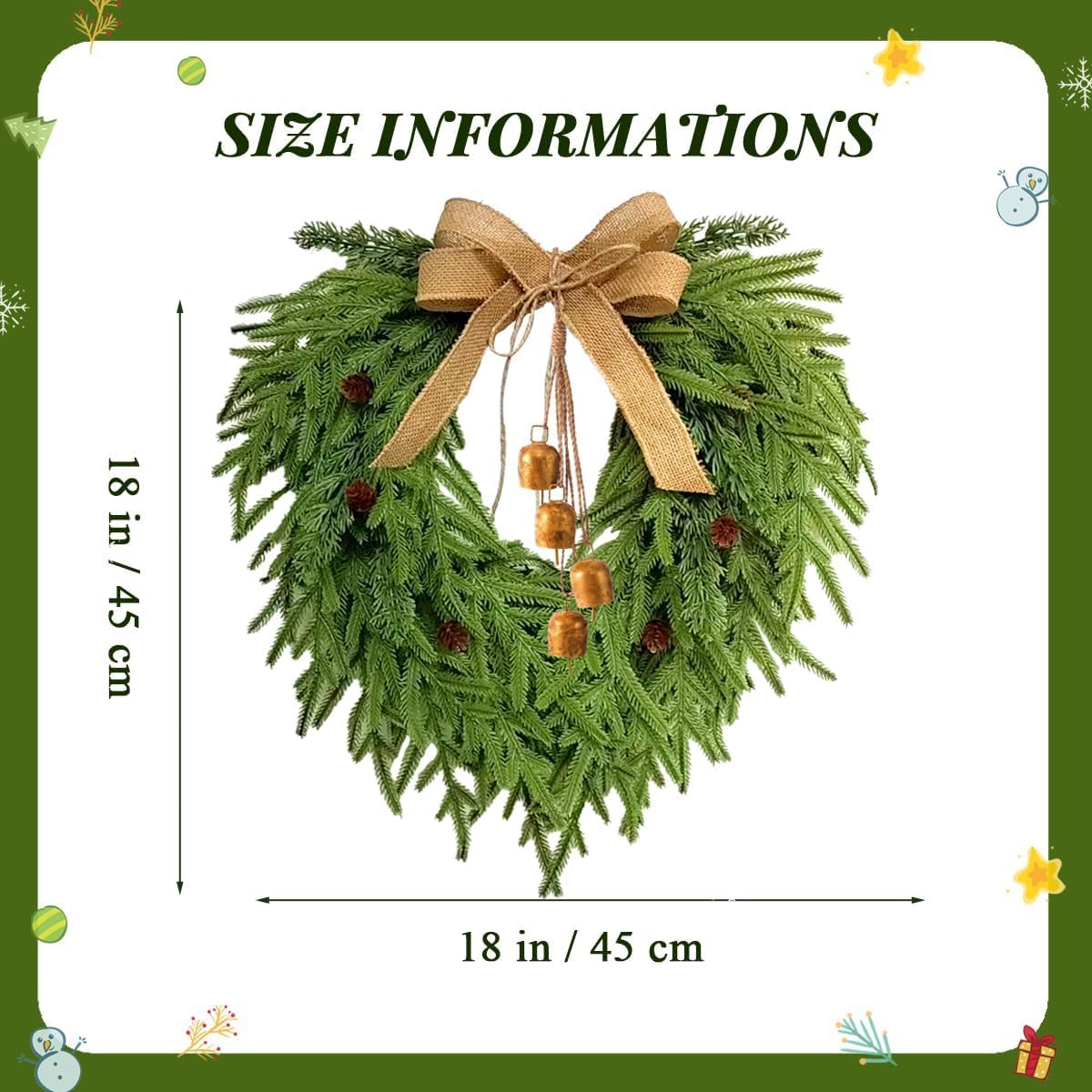 Faux Christmas Norfolk Pine Wreath with 4 Pcs Rustic Vintage Iron Bells,20 Inch Artificial Green Wreath Greenery Realistic Wreath Holiday Decoration (Bow)