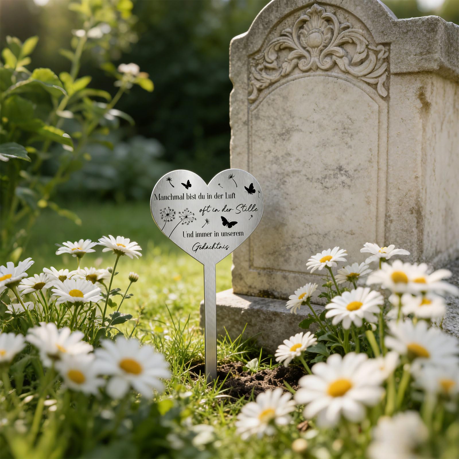 Grabstecker Wetterfest Herz mit Schmetterling und Pusteblume Zeitlose Grabschmuck aus Langlebigem Metall