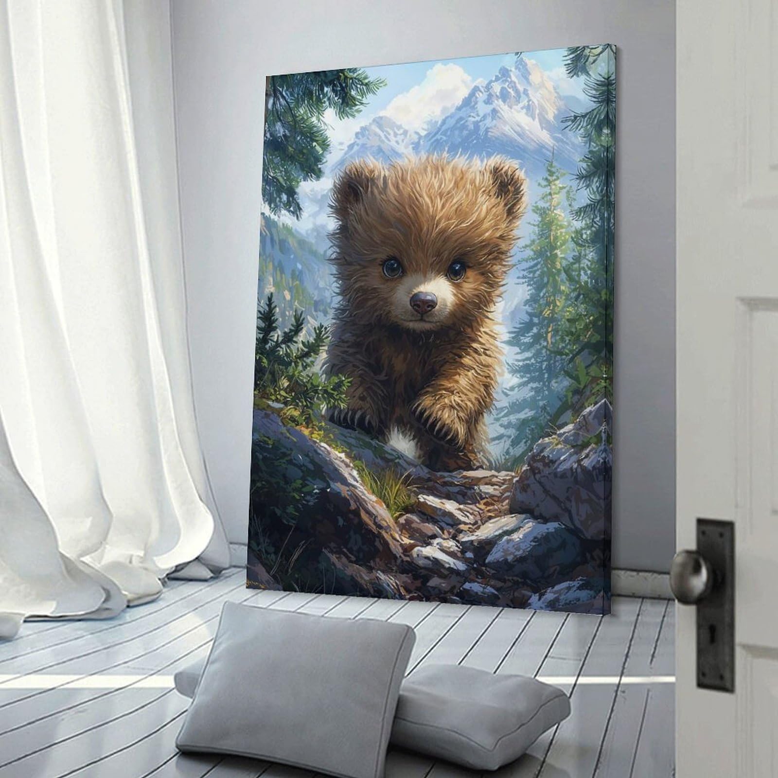 Junmoney Cute Bear Cub in Mountains Wall Decor Canvas Print 20x30inch(50x75cm), for Sofa Walls, Lounge Or Home Corners, Modern Wall Decor for Cosy Interiors