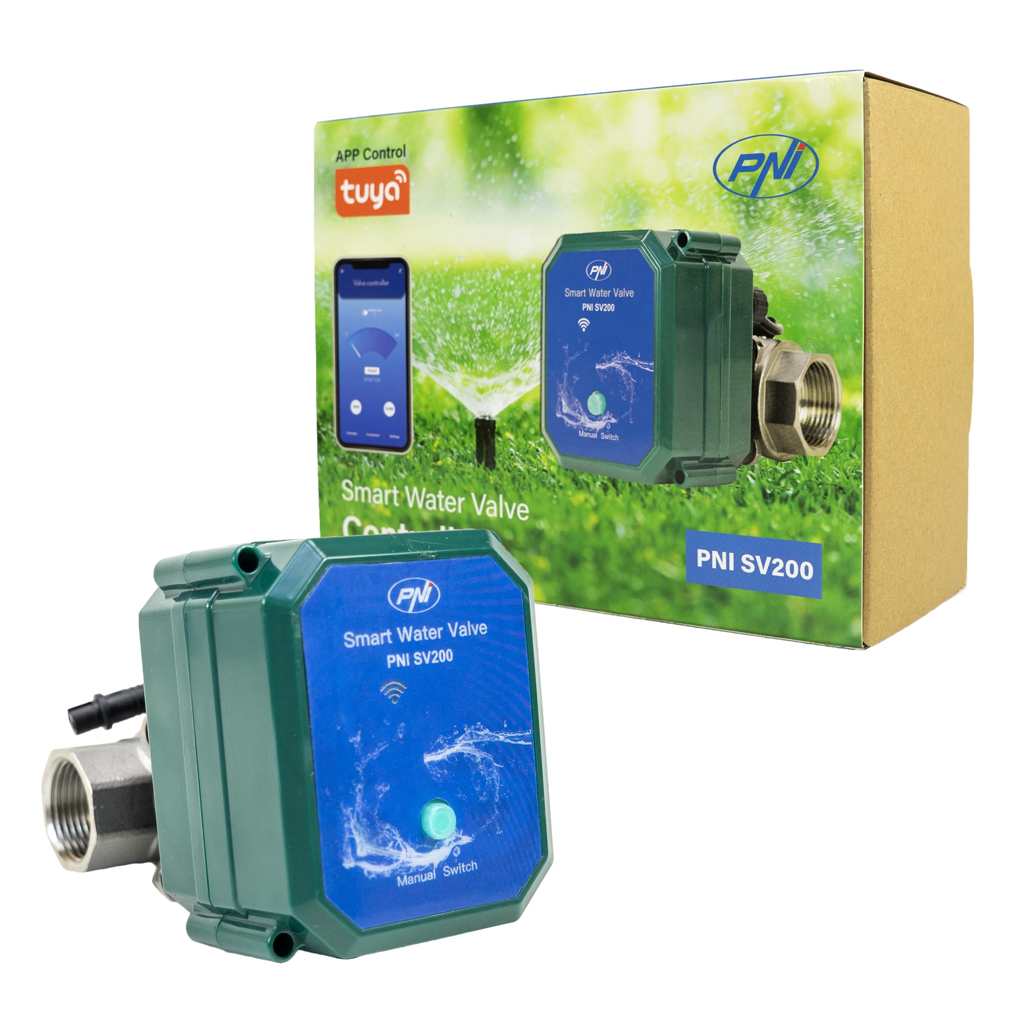 PNI Válvula de agua inteligente PNI-SV200 SV200, conectividad Wi-Fi, IP65, DN20, aplicación Tuya 3/4, compatible con Amazon Alexa y Google Home, color verde