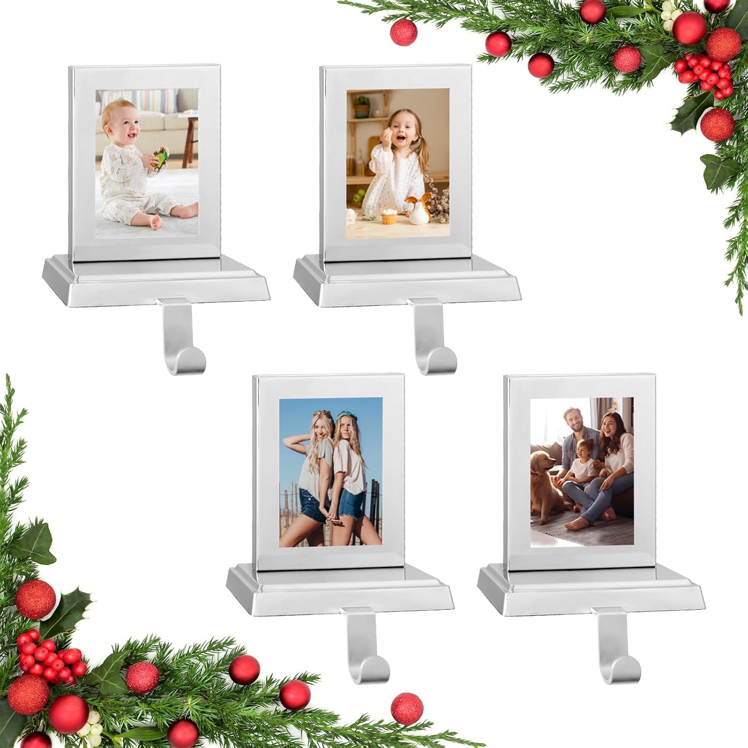 christmas stocking holders for mantel, set of 4 photo frame stocking hanger for mantel, vintage metal standing stocking hook silver sturdy stockings hanger for fireplace counter window decoration