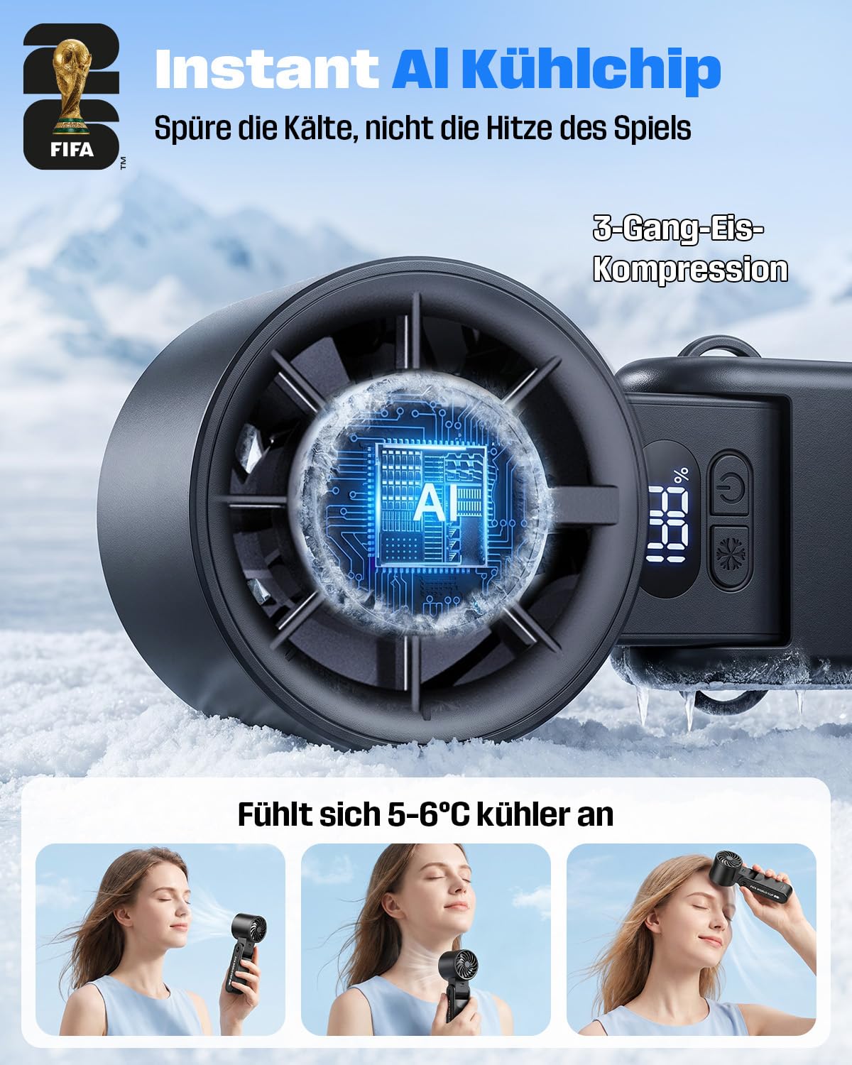 FIFA WM 2026 Handventilator Akku Aufladbar, Turbo Fan mit Kühlfunktion | 1-199 Stufenlos, 3600 mAh, 13.500 U/min, 150° Neigbar, Perfekte Geschenk für Fußballfans, Farbig | Offiziell Lizenziert