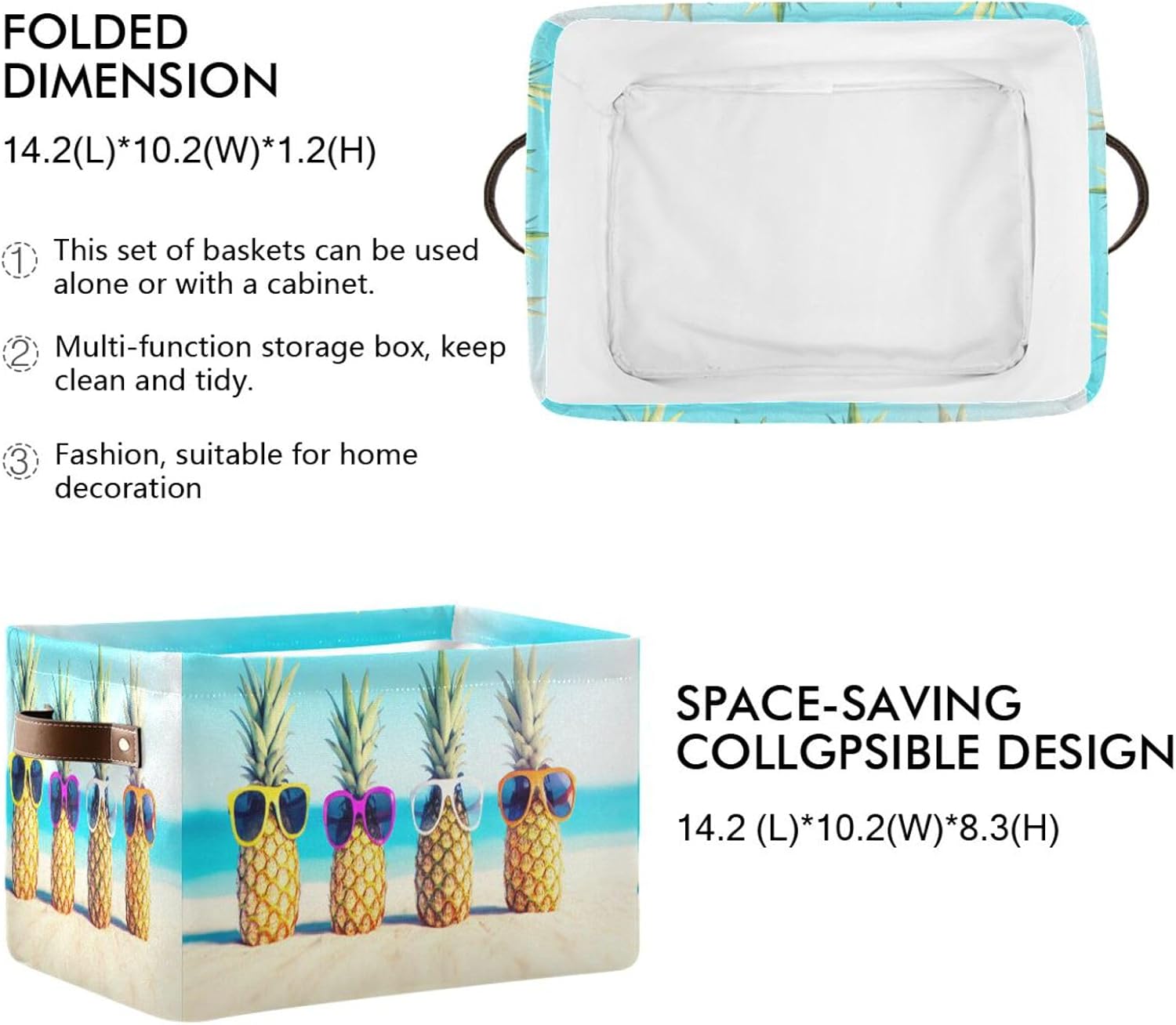 Cute Funny Beach Pineapples Fabric Storage Box, Collapsible Decorative Basket Organizer with Handle for Home/office image 3
