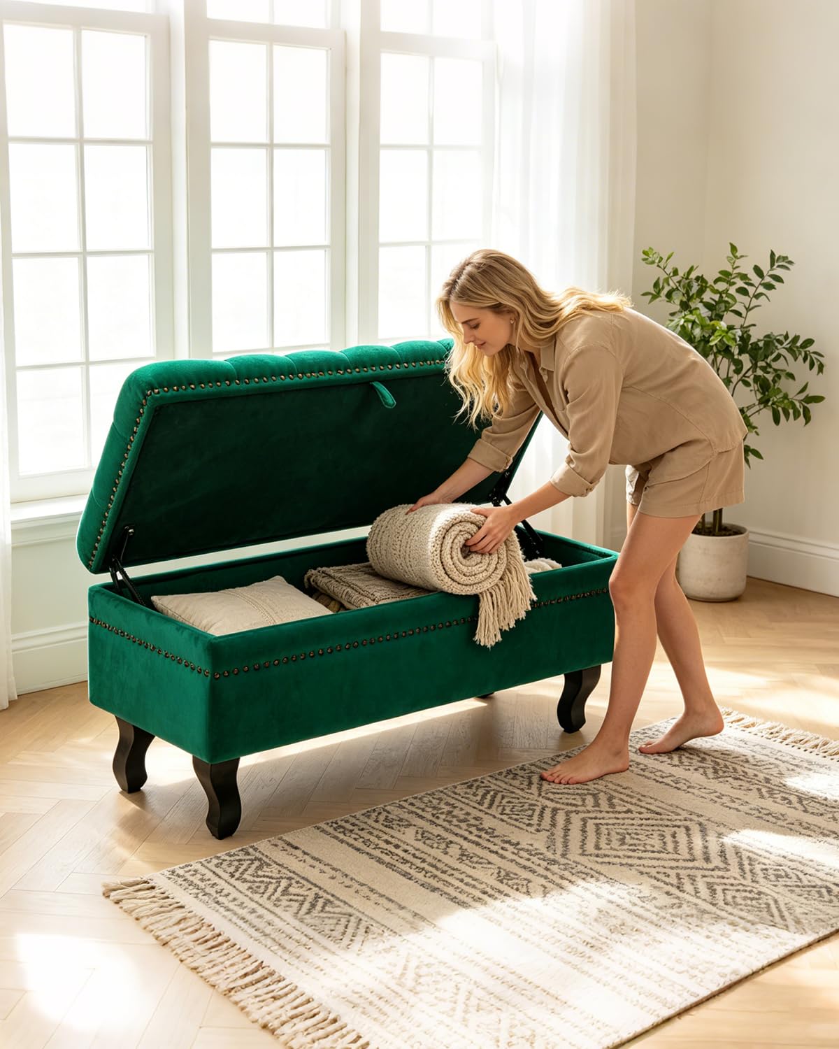 Sitzbank Sitztruhe mit Stauraum, Samt Aufbewahrungsbank, Bettbank, Truhenbank, Polsterbank Hockerbank für Wohnzimmer, Schlafzimmer, Flur, bis 300 kg Belastbar, 103.5 x 37 x 45cm, Grau