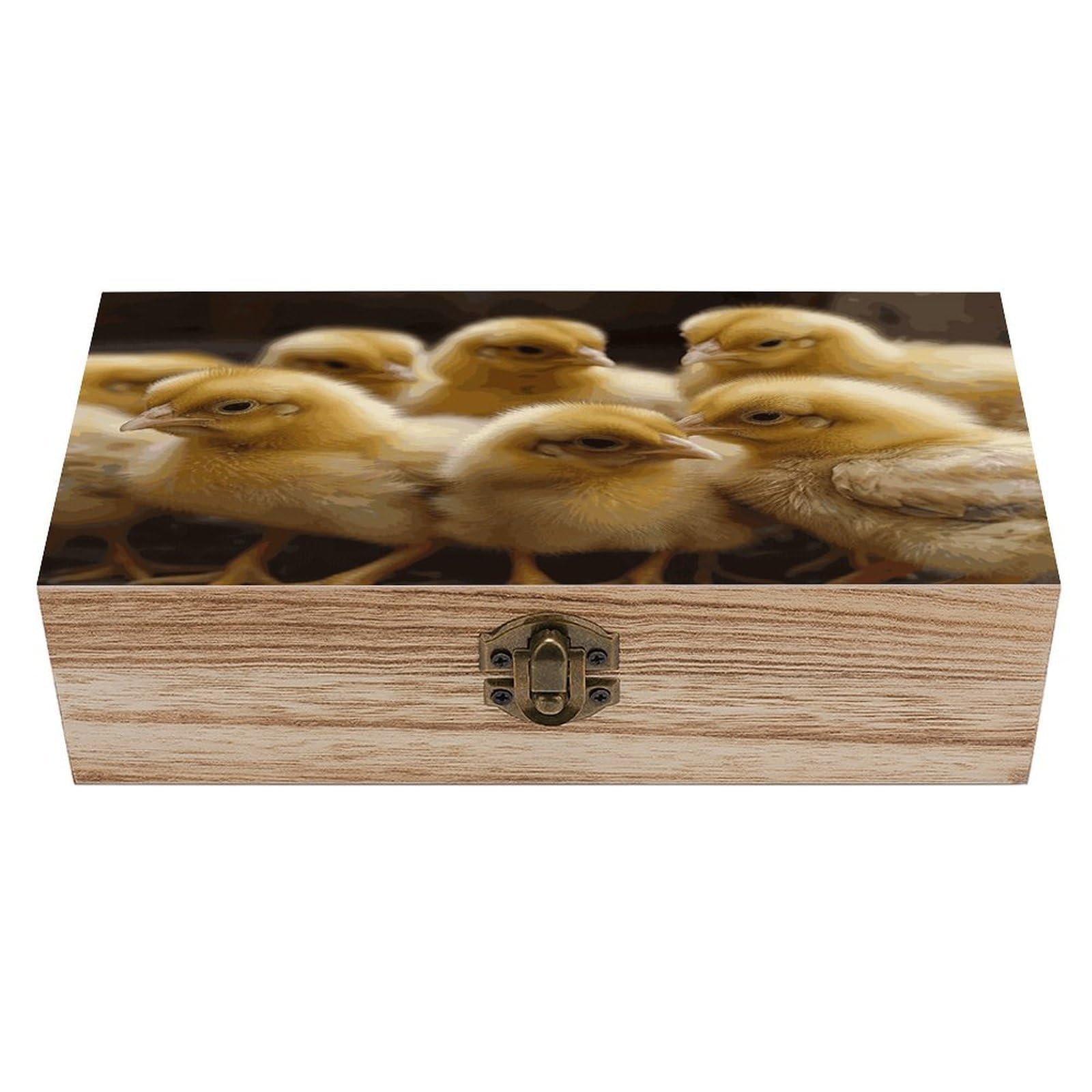 FekiLoot Little Chickens Wooden Storage Box Rustic Jewelry Box with Hinged Lid Large Jewelry Storage Case Beautifully Keepsake Boxes Unique Gift Ideas for Men & Women