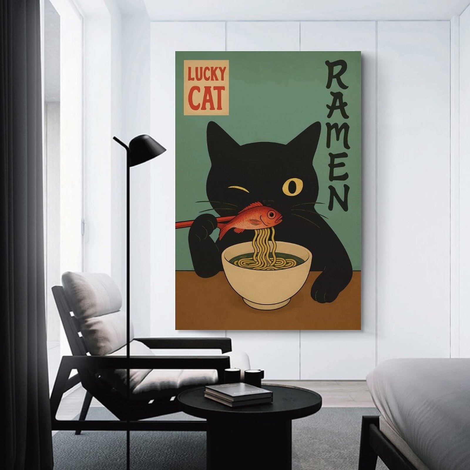 Junmoney Room Decor Wall Art Black Cat Ramen, 08x12inch(20x30cm), for Living Room, Lounge Or Sitting Room, Canvas Styling for A Polished Room Look