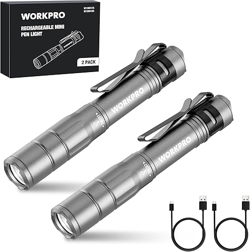 Miniatura 8 de WORKPRO Luz recargable para bolígrafo, mini linterna, paquete de 2 linternas EDC ultracompactas, linterna de bolsillo con clip, función de memoria y