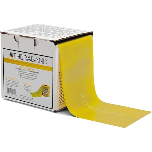 THERABAND Resistance Band 25 Yard Roll, Thin Yellow Non-Latex Professional Elastic Bands For Upper & Lower Body Exercise Workouts, Physical Therapy, Pilates, & Rehab, Dispenser Box, Level 2