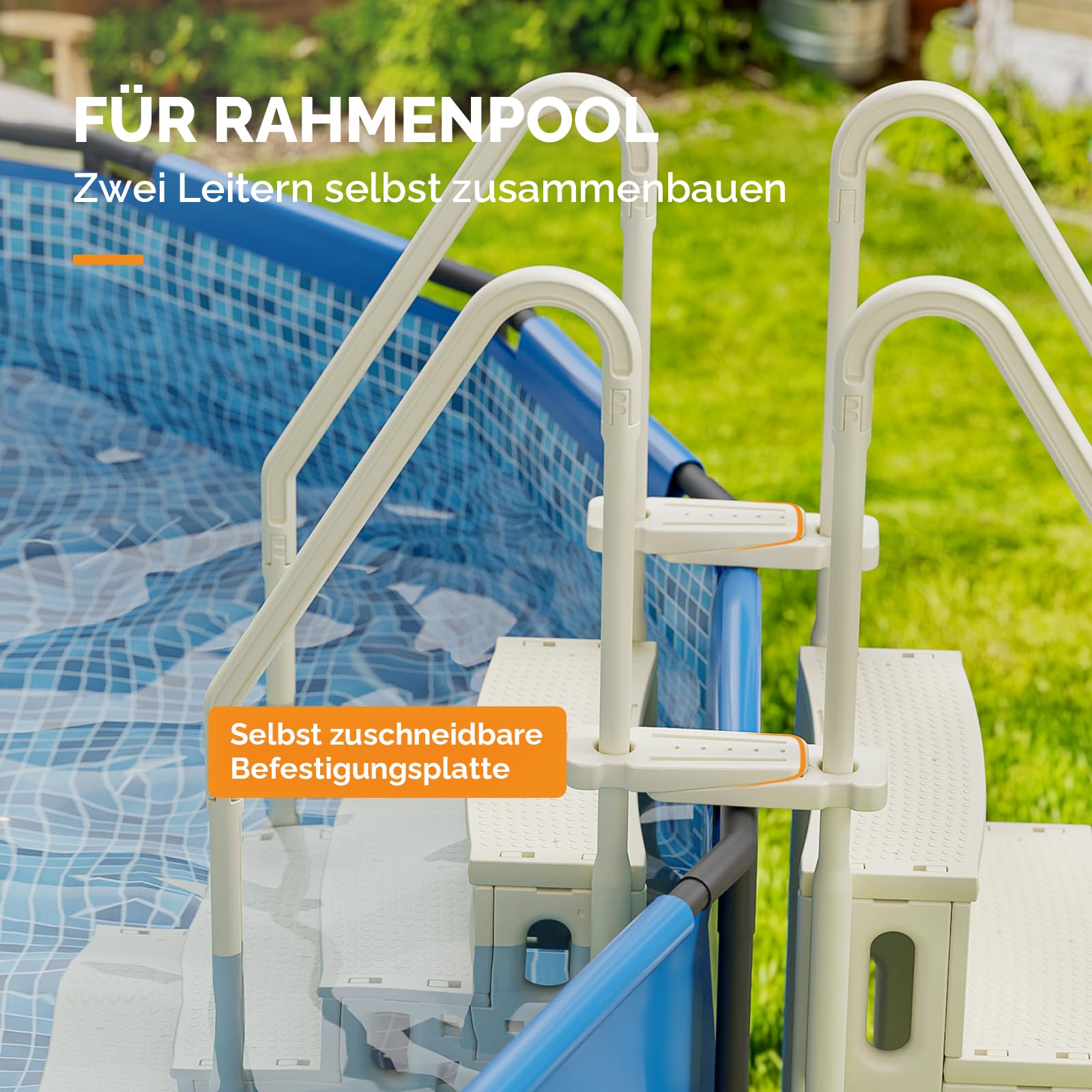 Bonnlo Poolleiter, Pooltreppe aus Kunststoff, mit rutschfesten Streifen und Handläufen, 4-stufig, bis 180 kg belastbar, für Oberirdische/Einbaupools, Weiß