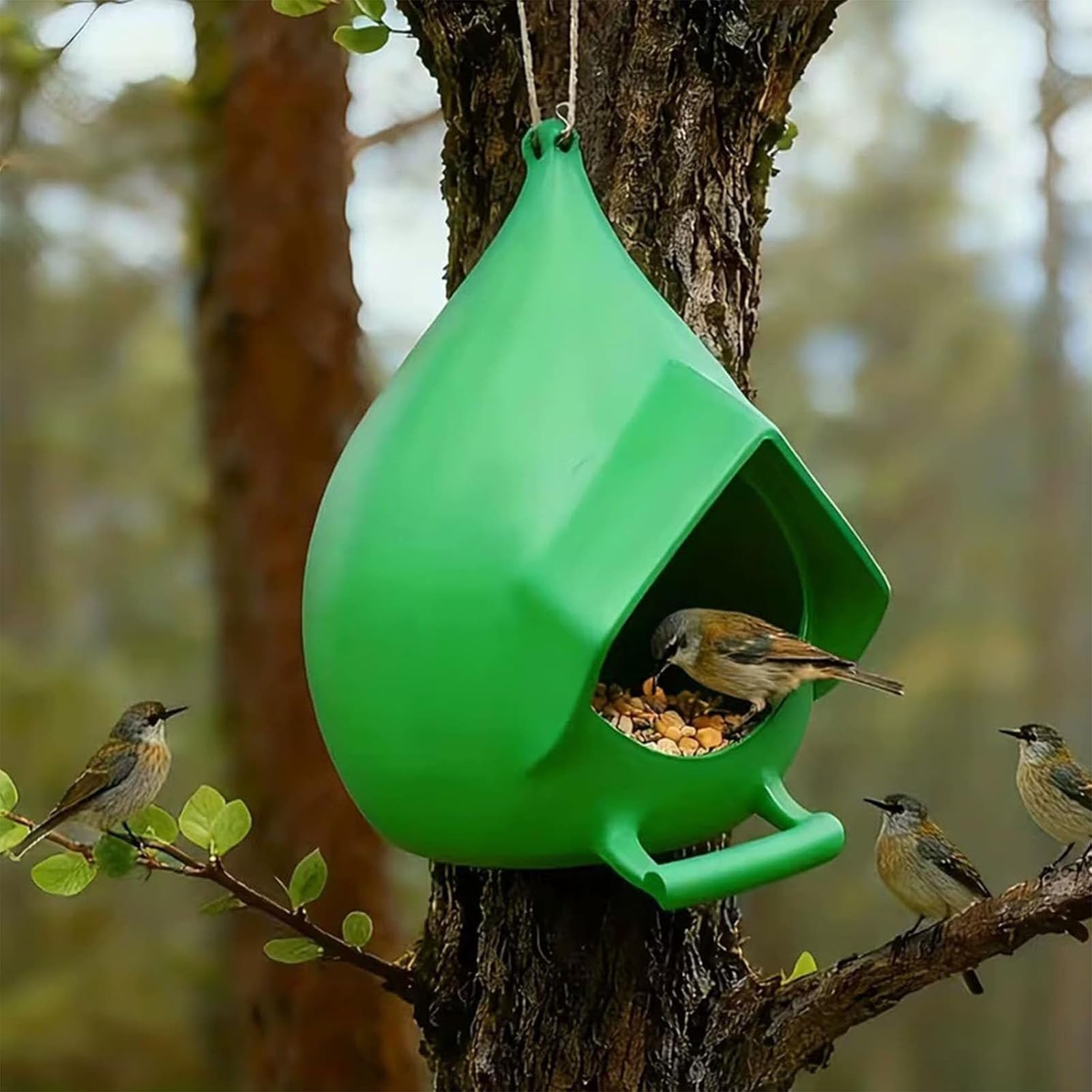 Karmnik dla ptaków odporny na wszystkie warunki atmosferyczne, wodoodporny; trwały plastikowy wiszący karmnik na zewnątrz; idealny jako zewnętrzna ozdoba do ogrodów,Green,13 x 12.5 x 11 cm
