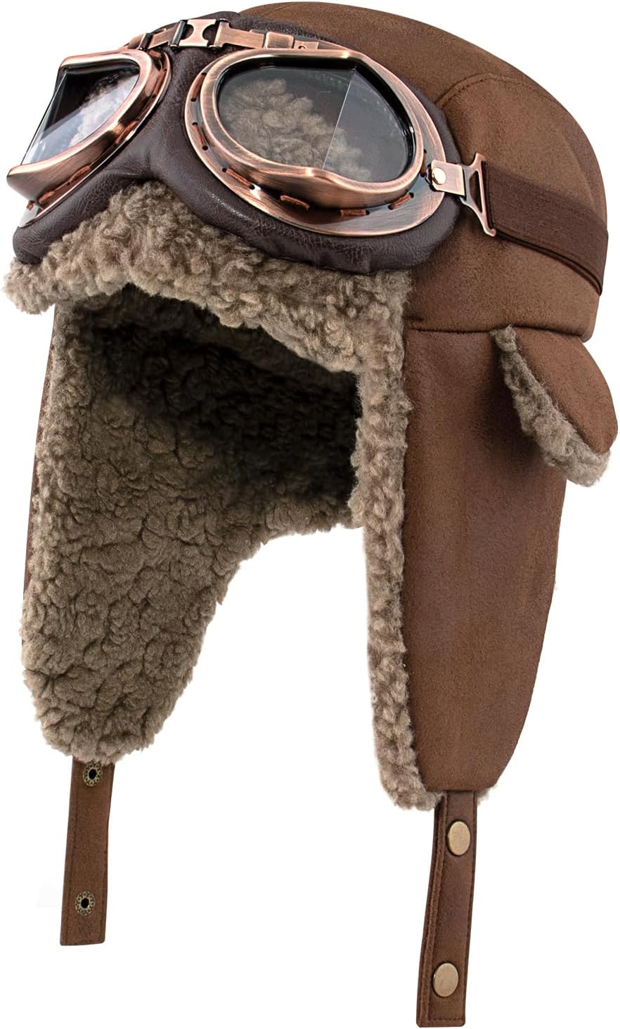 Peicees Aviator Hat and Goggles for Adult Men Women Vintage Pilot Hat Costume Winter Trapper Hat with Fur Ear Flaps Fleece