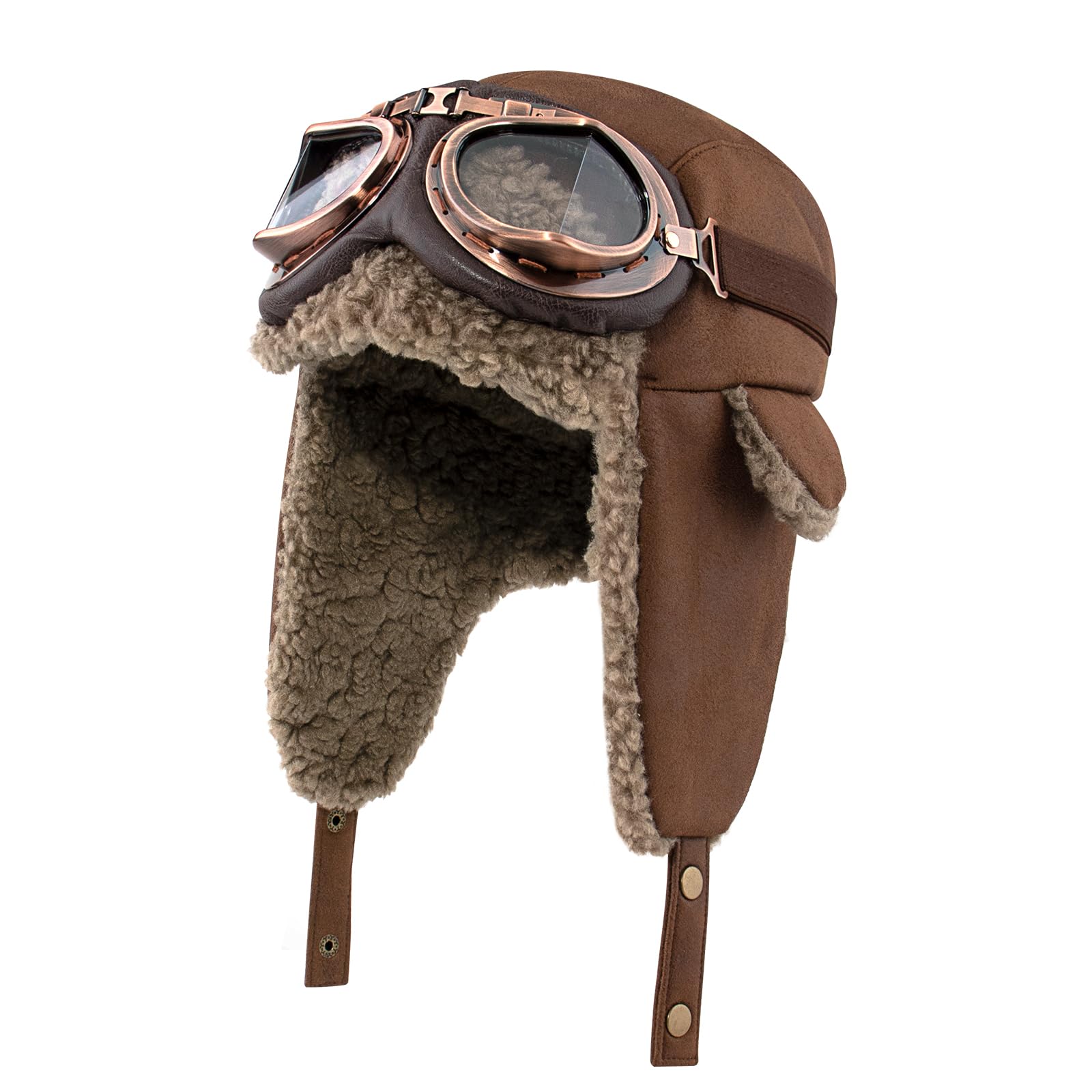 Peicees Aviator Hat and Goggles for Adult Kids Vintage Pilot Hat Costume Winter Trapper Hat with Fur Ear Flaps Fleece Lined Brown