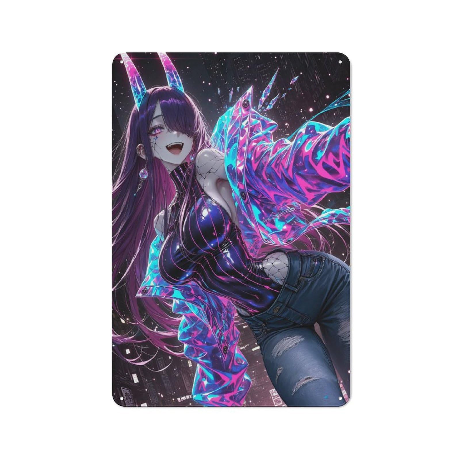 Anime Girl with Horns And Jacket Classic Metal Wall Decor 30x20cm, Metal Sign for Cafe, Pub, Workshop Or Home Bar, Small Accent for Blank Walls