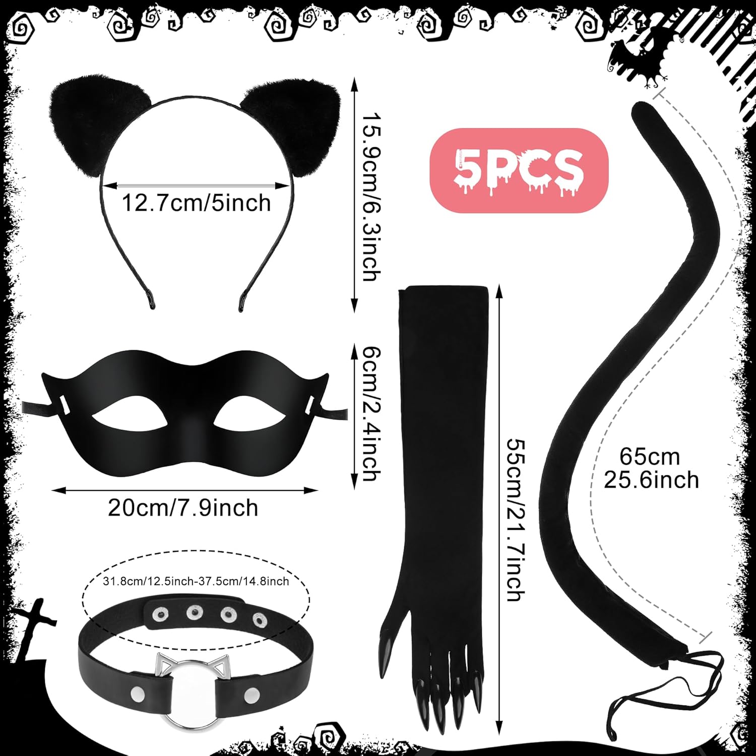 Black Cat Costume for Women Cat Ears and Tail Costume Accessories Halloween Masquerade Mask Gloves Ears Tail Choker Necklace for Women Halloween Cats Cosplay Party Supplies, 5 Pcs - Image 2