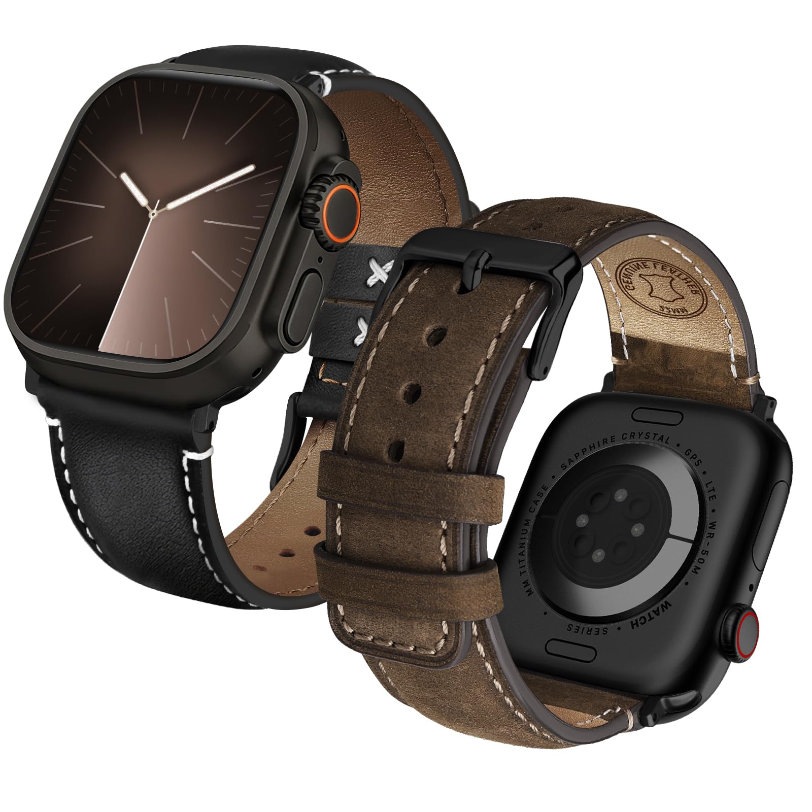 Fullmosa Leather Bands Compatible with Apple Watch Straps 49mm 46mm 45mm 44mm 42mm,Top Grain Leather iWatch Band for Apple Watch Ultra SE Series 11 10 9 8 7 6 5 4 3 2 1,Coffee+Black/Black+Black