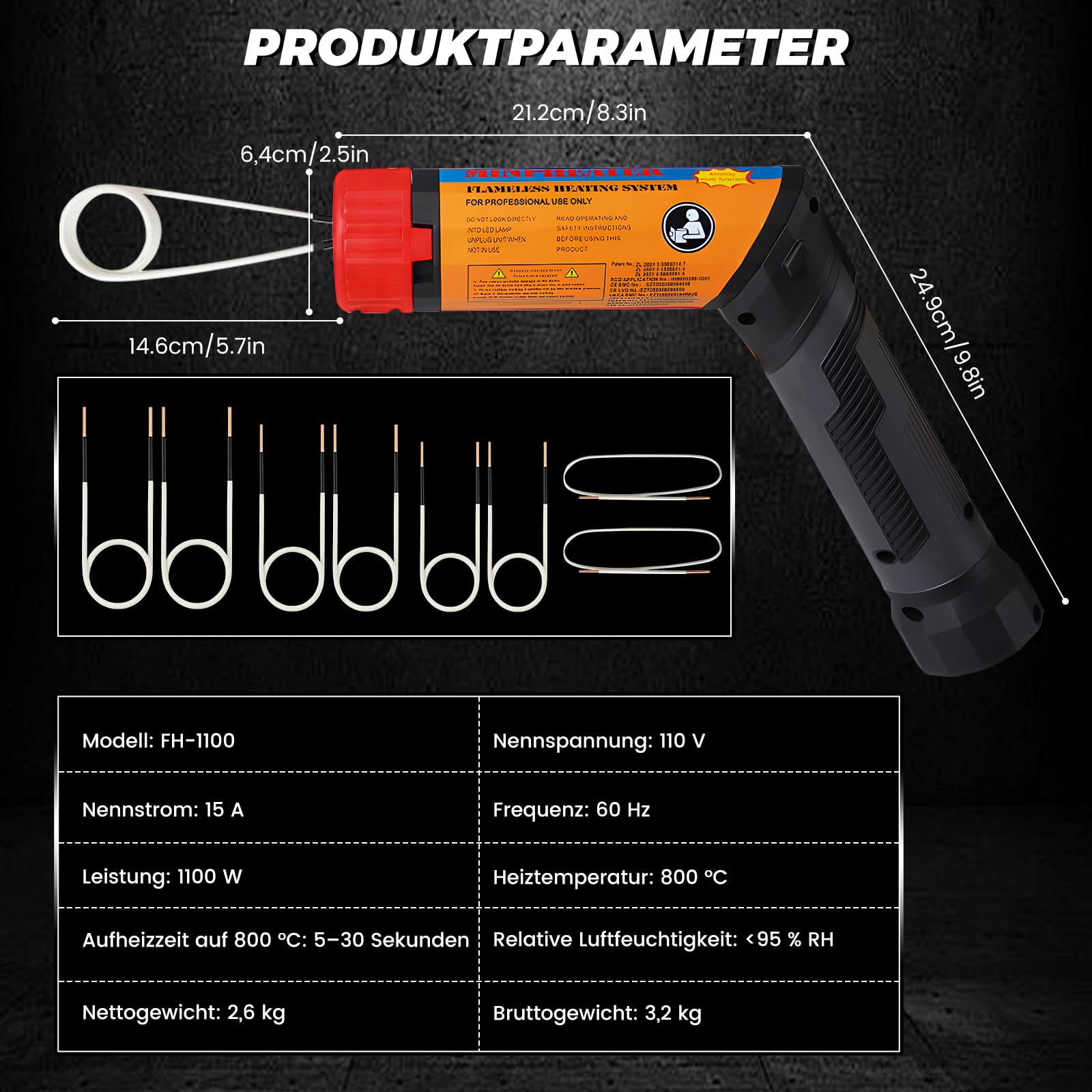 1100W Magnetische Induktionsheizgerät, Drehbare Flameless Induction Heater, Induktions Heizset mit 8 Induktionsspulen, Maximale Heiztemperatur 800°C, Zum Entfernen Von Rostigen Bolzen und Muttern