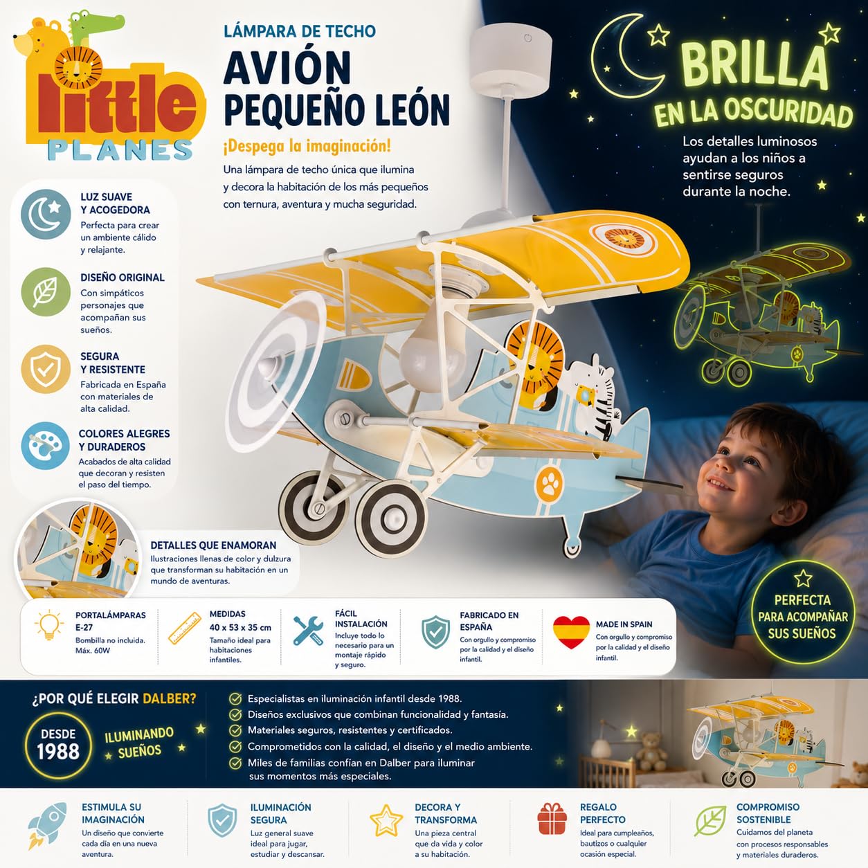 Dalber Lámpara Techo Colgante Infantil Avión León Azul 54602 E27