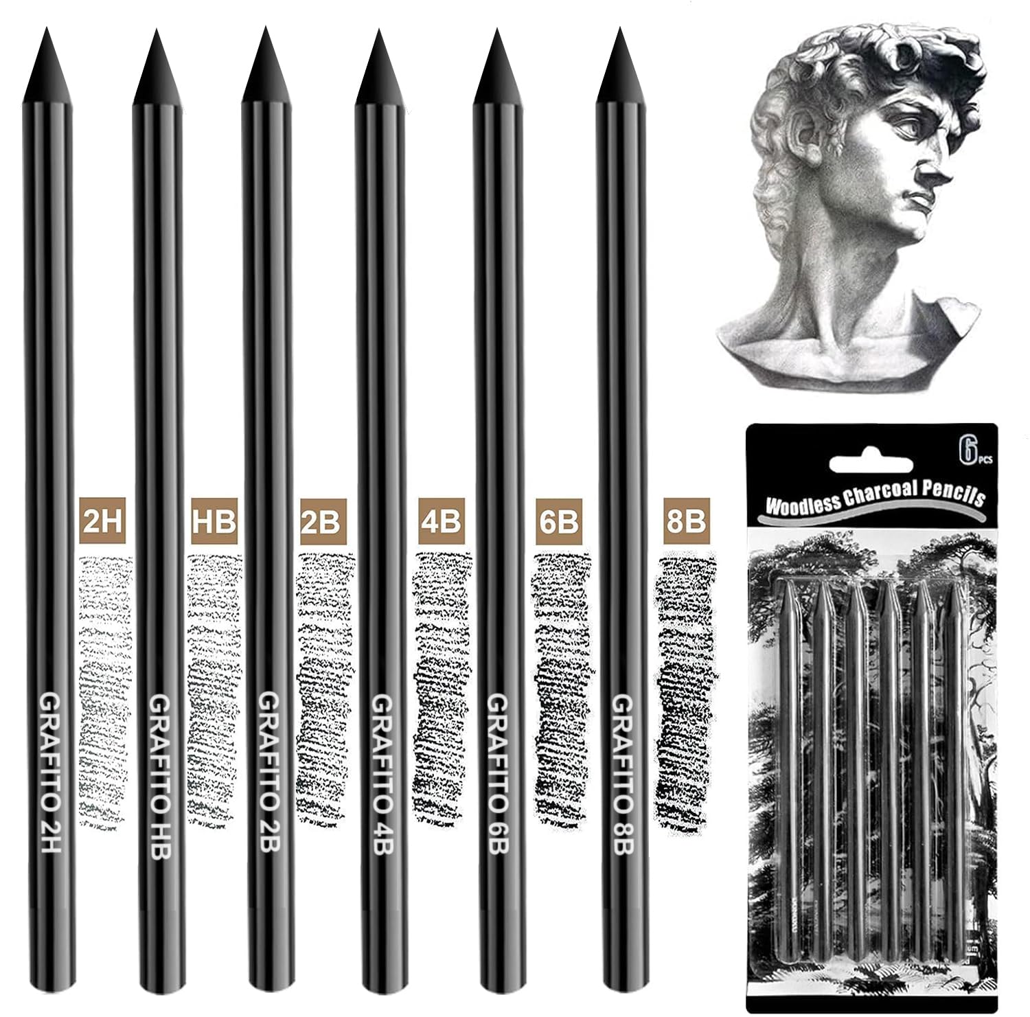 Ichigo Ichie 6 Piezas Lápices de Grafito, Lápices de Grafito Negro sin Madera, Lápiz de Grafito Bosquejo, Lápices de Grafito para Dibujar, Ideal para Pintar y Dibujar (2H, HB, 2B, 4B, 6B y 8B)