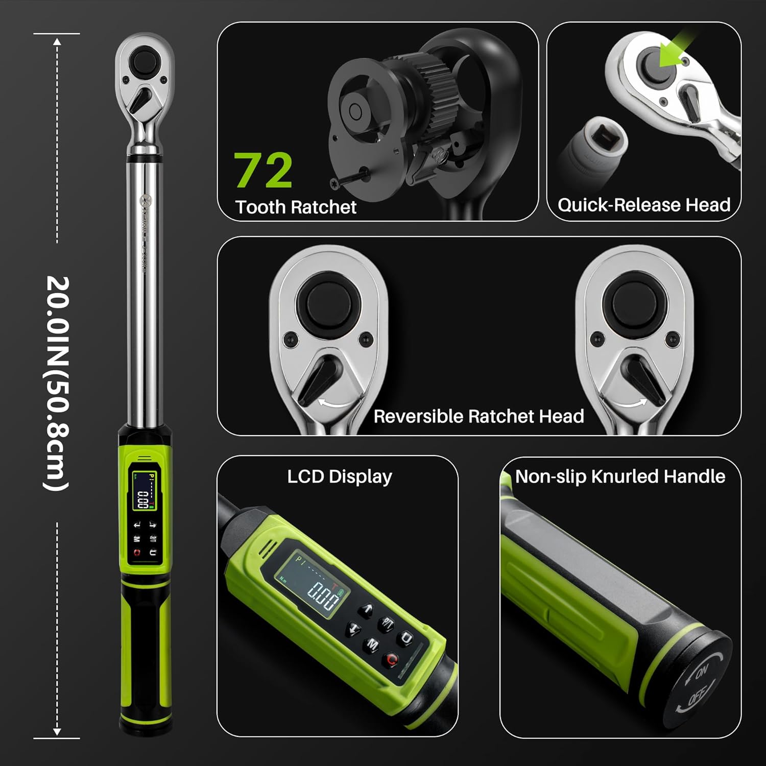 Digital Torque Wrench 1/2" Drive-2.2-147.5Ft.Lb/3-200N.m, Electric Torque Wrench With Dual Direction Vibration Buzzer LED Indicator,±2% Accuracy Five Units for Bike Motorcycle Car Auto Repair