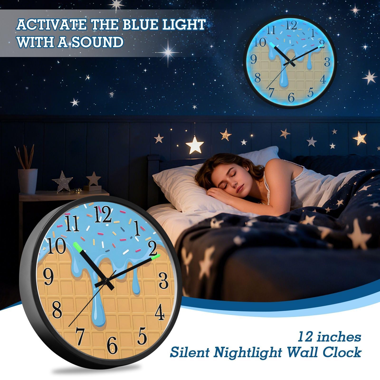 Mnsruu Reloj de pared luminoso, reloj de pared azul con goteo de helado, reloj de pared que brilla en la oscuridad, funciona con pilas, reloj silencioso de 30,5 cm con luz nocturna para dormitorio