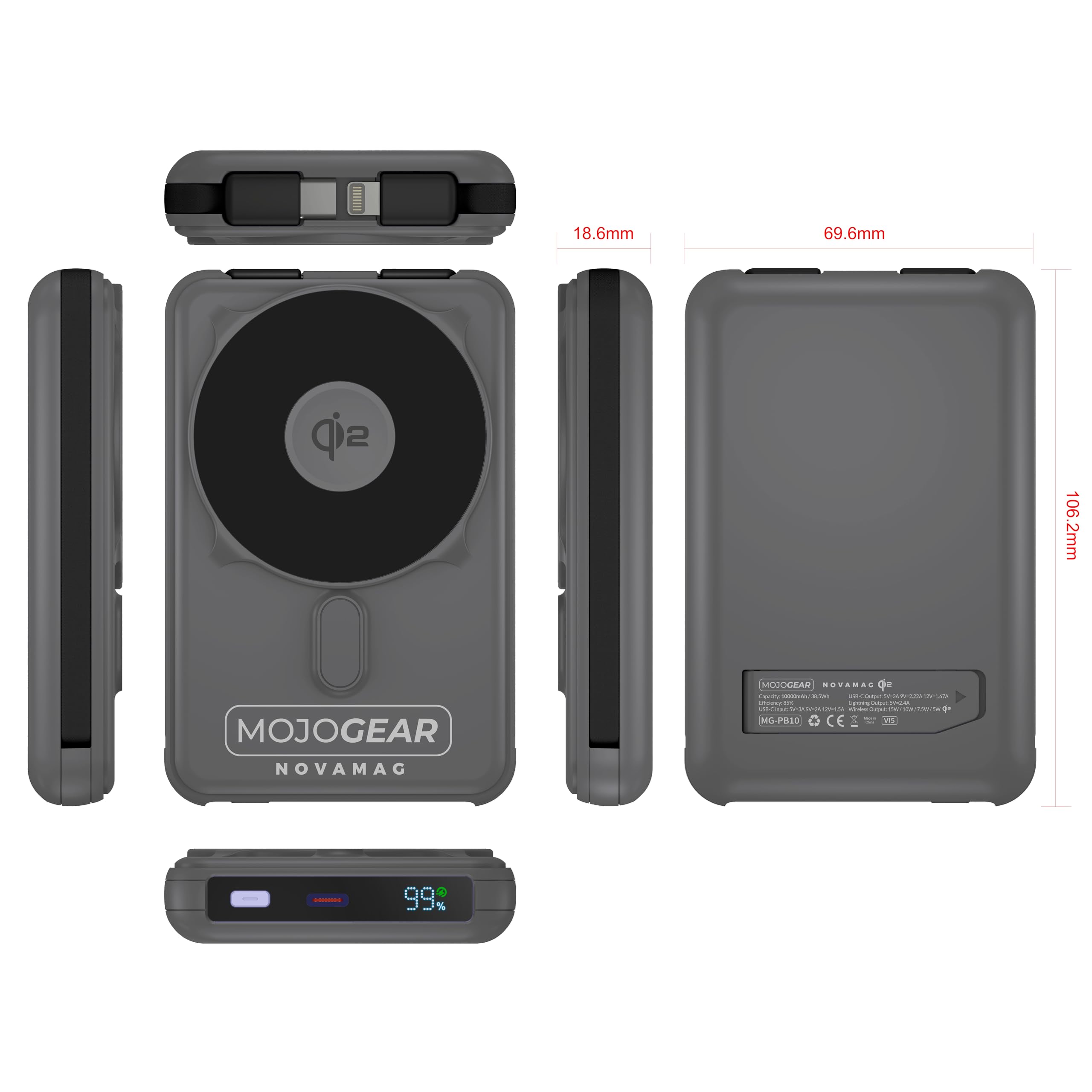 MOJOGEAR NovaMag Batterie externe tout-en-1 10 000 mAh – Charge sans fil Qi2 super rapide – Câble USB-C et Lightning intégré – Compatible avec iPhone et Samsung – Batterie externe Mag Safe – Écran LED