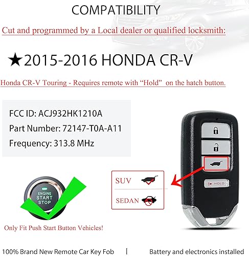 Miniatura 3 de MechanMagic Llavero de repuesto para Honda CRV 2015 2016 Smart Keyless Entry Control remoto ACJ932HK1210A 72147-T0A-A11 35118-T2A-A50 313.8MHz