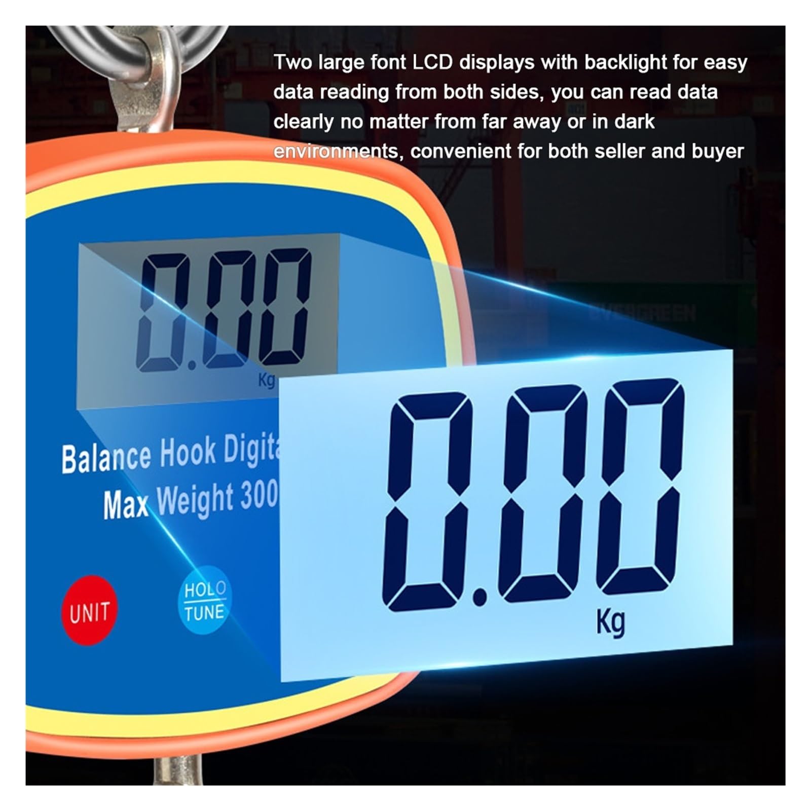 Cyfrowa waga wisząca, Podwójne wyświetlacze cyfrowe LCD Crance Scale 0.05-300kg Przenośny przemysłowy elektroniczny Heavy Duty Waga hakowa Konwersja jednostek dźwigowych dla Home Farm Factory
