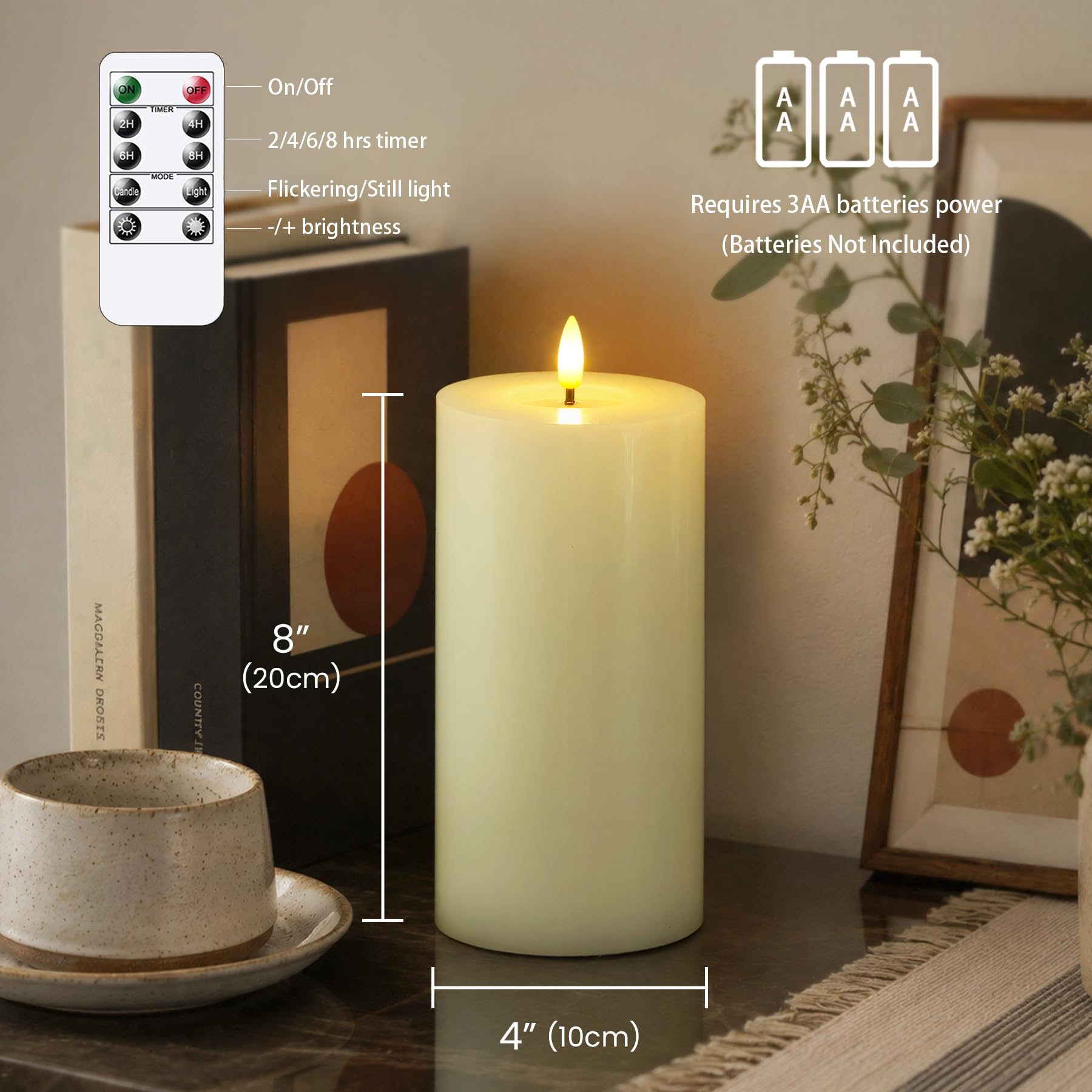 Velas LED parpadeantes sin llama 10cm x 20cm cera real marfil mando a distancia aceite de cera pack de 2 temporizador pilas pilar falso luz cálida decoración hogar banquete ceremonia