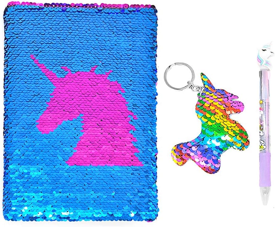 QearFun Unicorn Sequin Journal Mermaid Sequin Notebook with Ballpoint Pen Reversible Sequin Journal Flip Sequin Notebook for Kids Girls Diary Unicorn Journal Gifts (Blue)