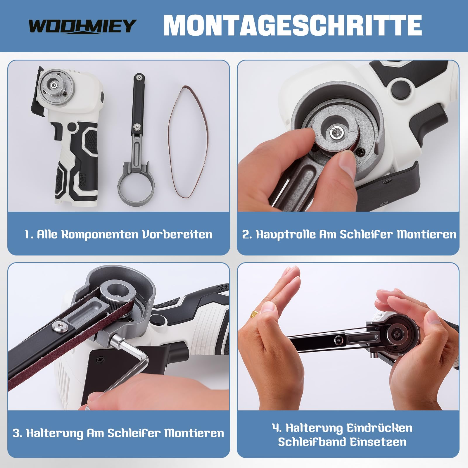 Akku-Bandschleifer, 12 V Lithium-Akku, 7000 U/min, 10 Schleifbänder (80-320 Körnung), Leistungsstarker Motor für Holz, Metall und gebogene Flächen, 2 Stunden Laufzeit, Schnellladung Weiß