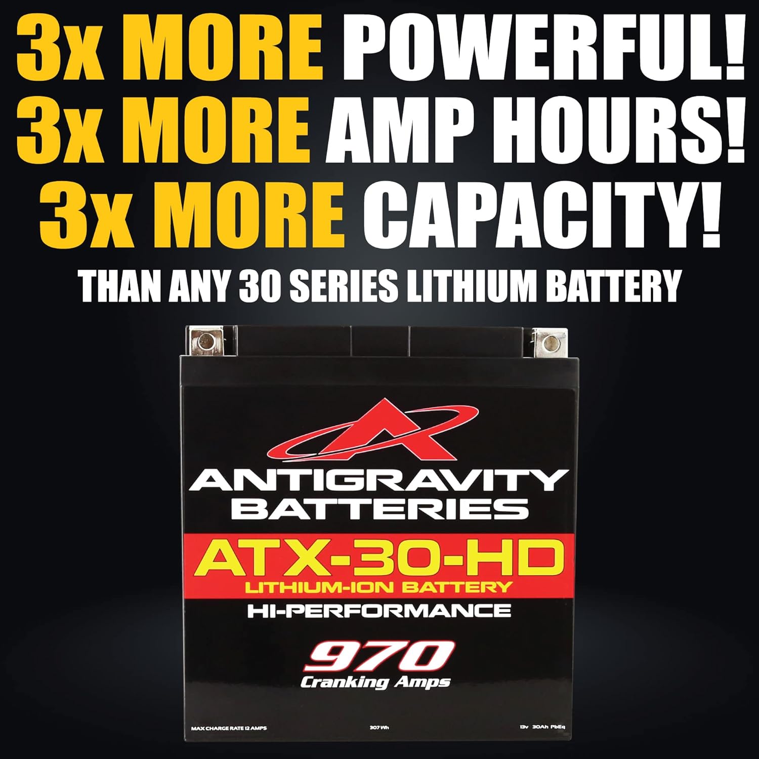 Antigravity ATX30-HD Lithium Motorcycle Battery 12V, 970 CA, 24Ah (48Ah PbEq), YTX30 Replacement, Heavy Duty Battery for Touring Bikes, UTV, ATV