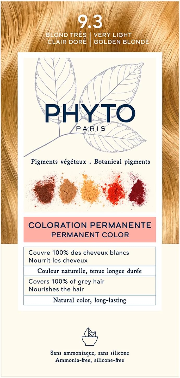 Phyto Color Kit 9.3 Light Blonde, Gold, Permanent Without Ammonia, 100% Coverage for White Hair
