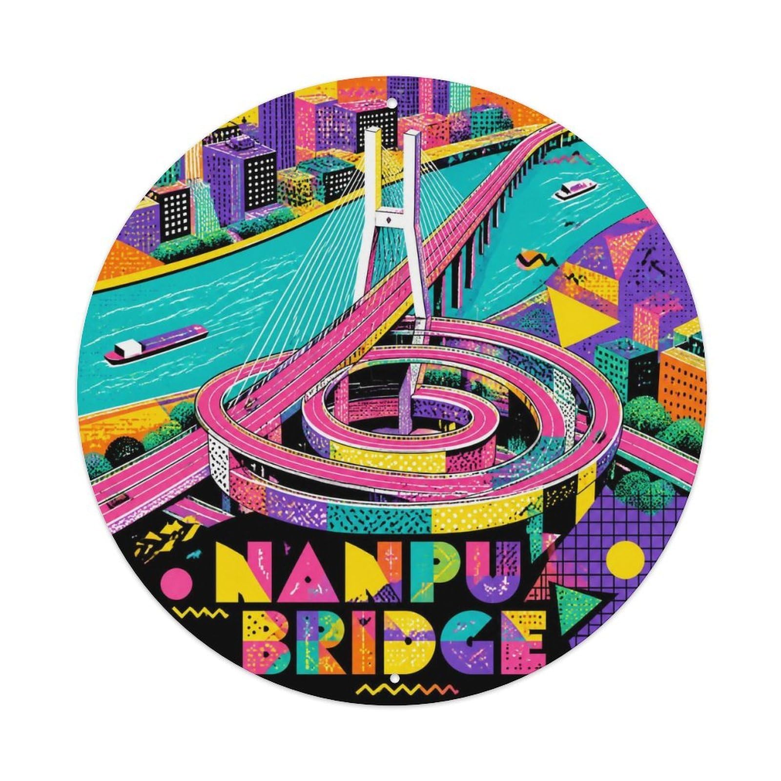 Okngb Style Nanpu Bridge Shanghai Collage Travel Collector Badge Metal Tin Sign Plaque Wall Decor For Cafe, Man Cave, Club Bar, Office, Home Garden Round Metal Poster 8X8inch